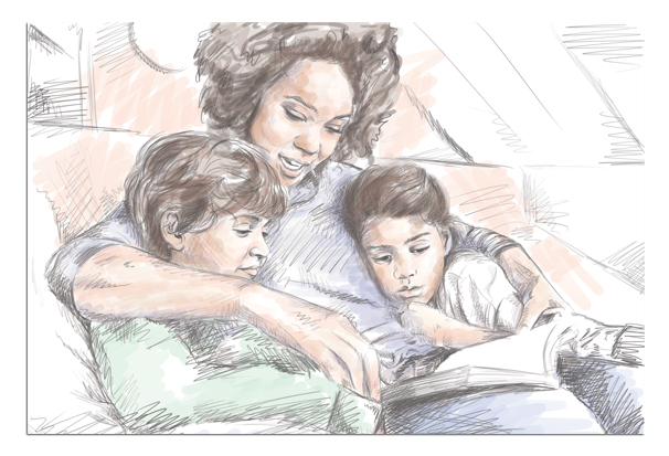 pti women with her two children illustration